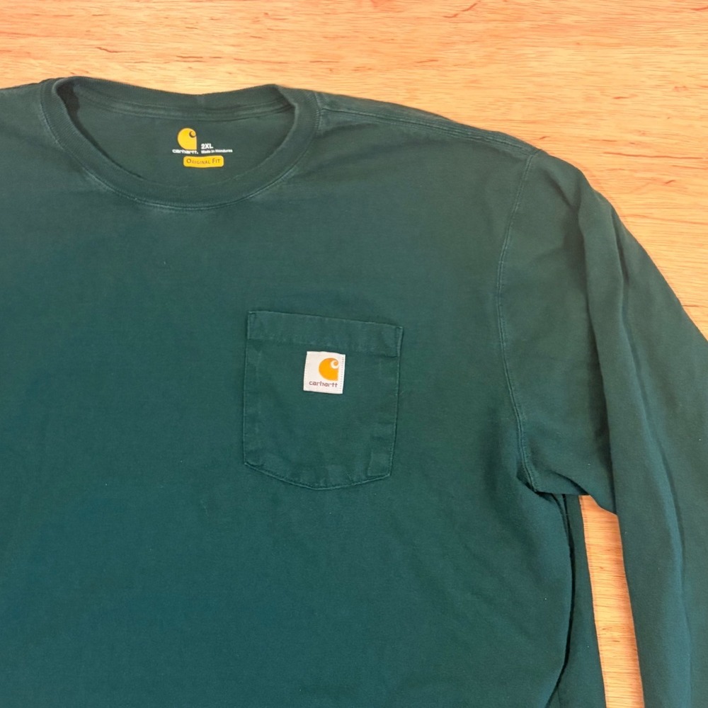 Carhartt K126 HTG Mens 2XL Hunter Green Long Sleeve Pocket T-Shirt Original Fit